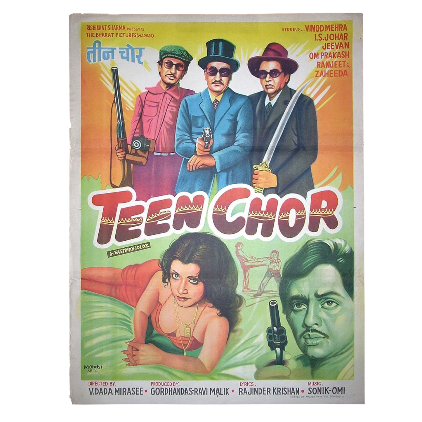 TEEN CHOR : Bollywood original movie poster 1973 Vinod Mehra,Sulochana Latkar,Jeevan Dhar
