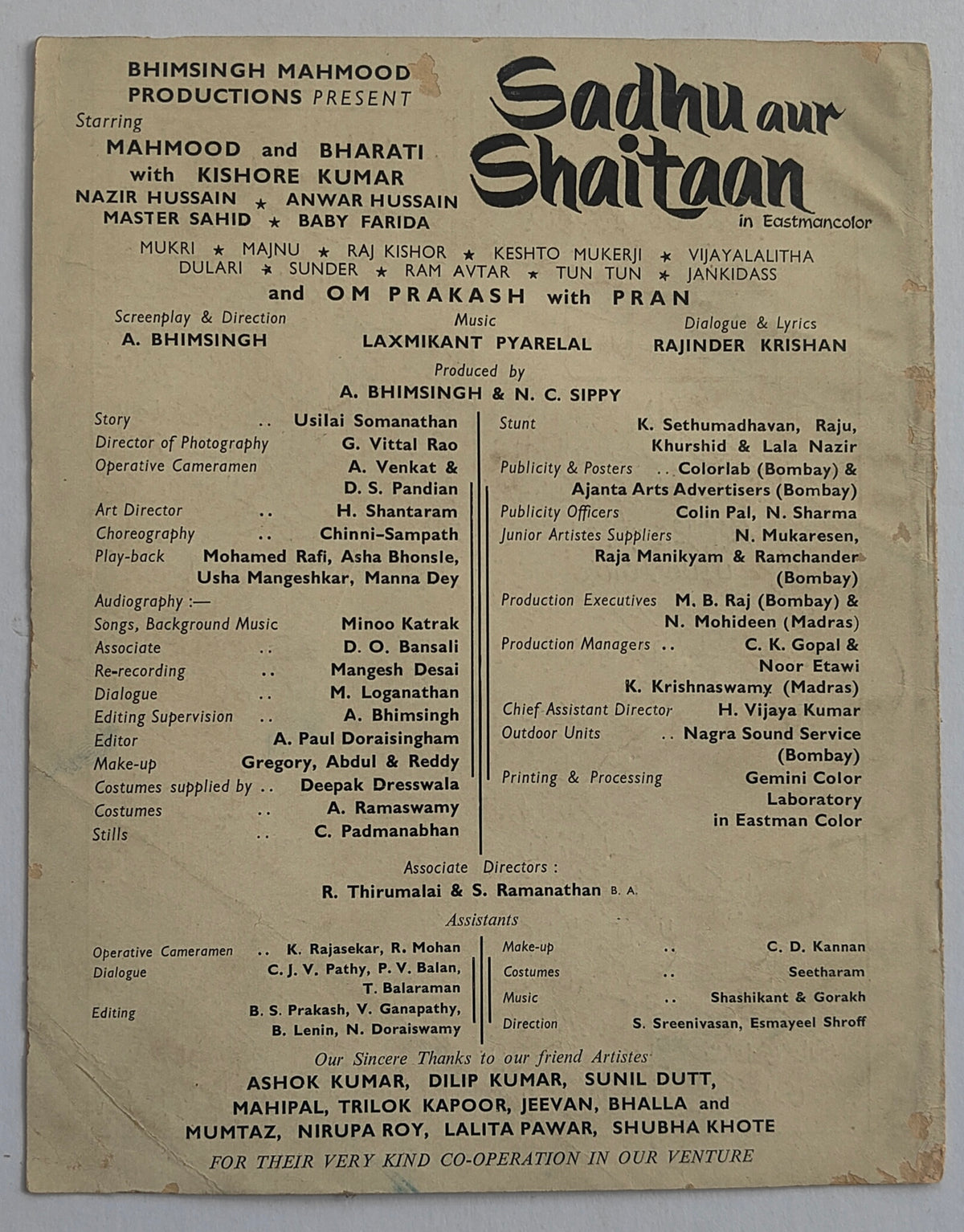 Rare Original 1968 Sadhu Aur Shaitaan Bollywood Pressbook Booklet Mehmood Kishore Kumar Pran Bharathi Laxmikant Pyarelal