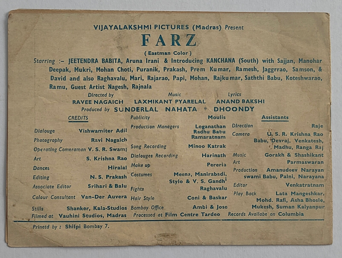 FARZ 1967 Original Bollywood Pressbook Booklet Jeetendra Babita Kanchana Spy Super-Hit Hindi Film Rare Collectible