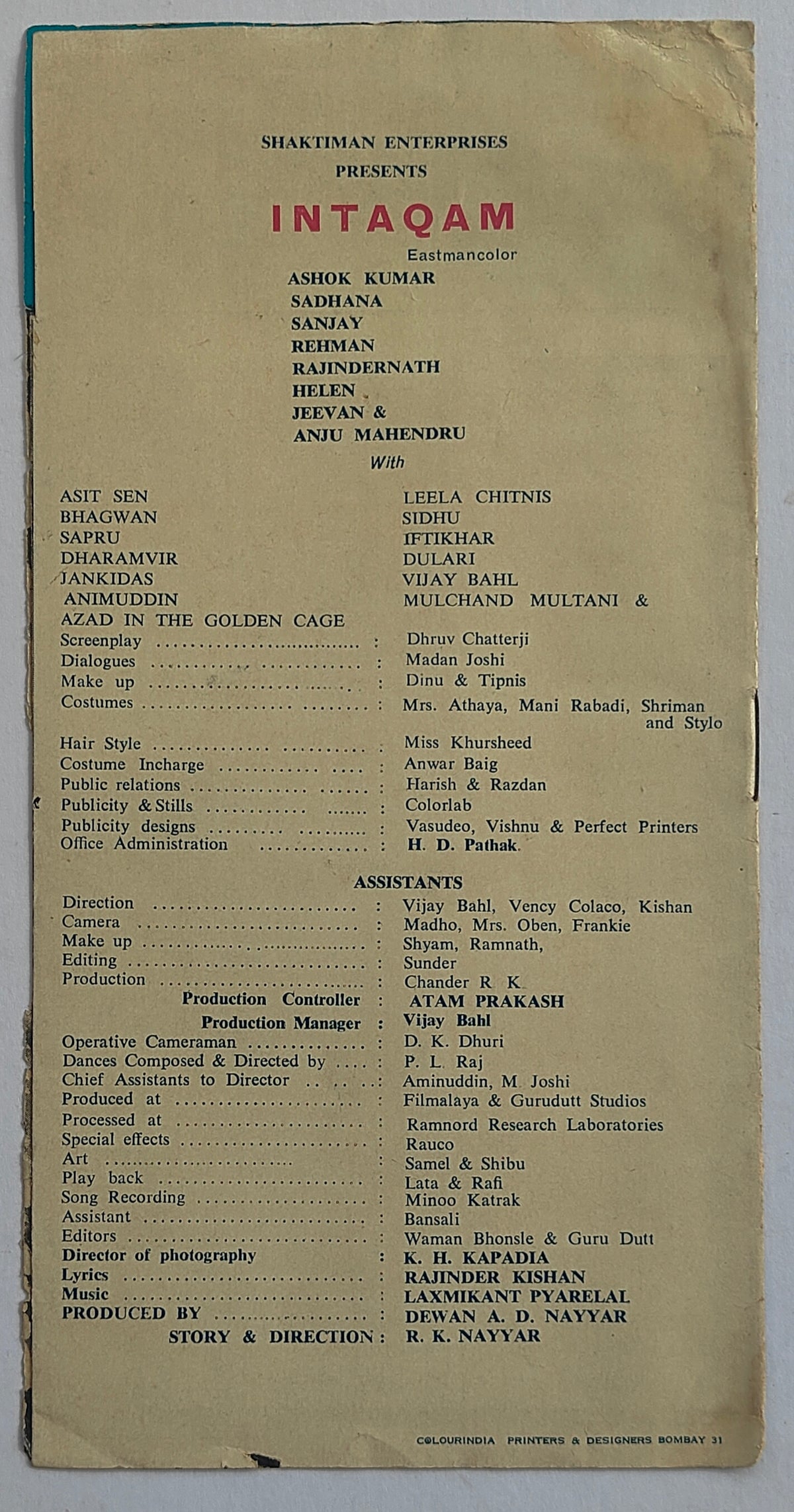 Original 1969 Intaqam Movie Pressbook Sadhana Ashok Kumar Sanjay Helen Bollywood Hindi Film Song Booklet Laxmikant Pyarelal