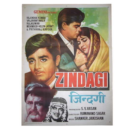 ZINDAGI : Bollywood original movie poster 1964 Rajendra Kumar, Raaj Kumar, Vyjayanthimala