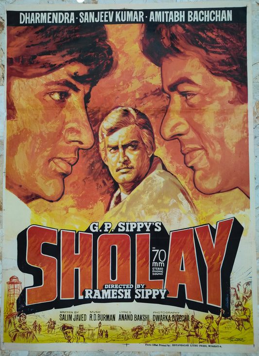 SHOLAY :Bollywood original movie poster 1975 Amitabh Bachchan,Dharmendra,Jaya