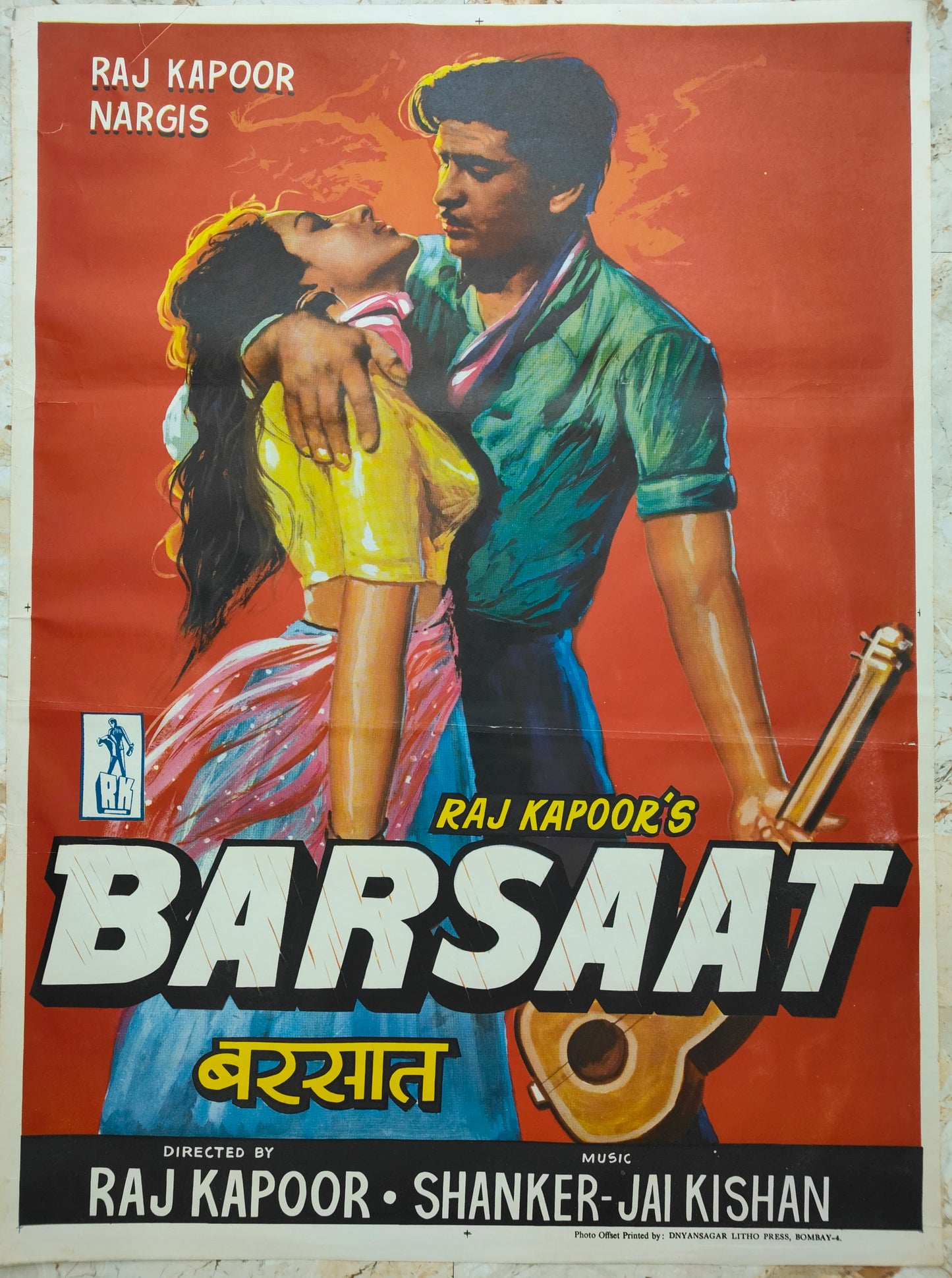 BARSAAT :Bollywood original movie poster 1949 Raj Kapoor,Nargis ,Premnath Malhotra