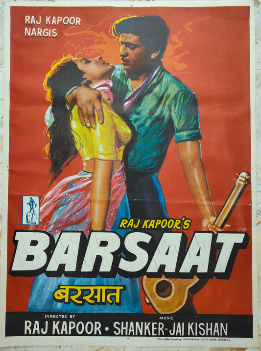 BARSAAT :Bollywood original movie poster 1949 Raj Kapoor,Nargis ,Premnath Malhotra