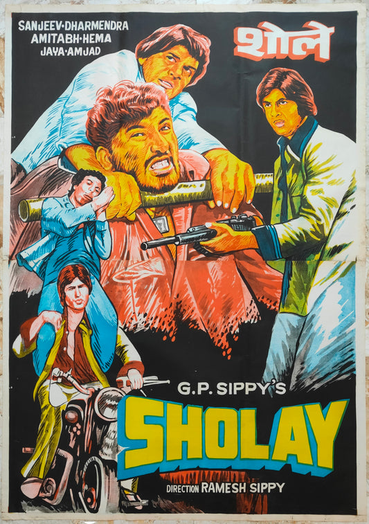 SHOLAY :Bollywood original movie poster 1984 Amitabh Bachchan,Dharmendra 2 SHEET