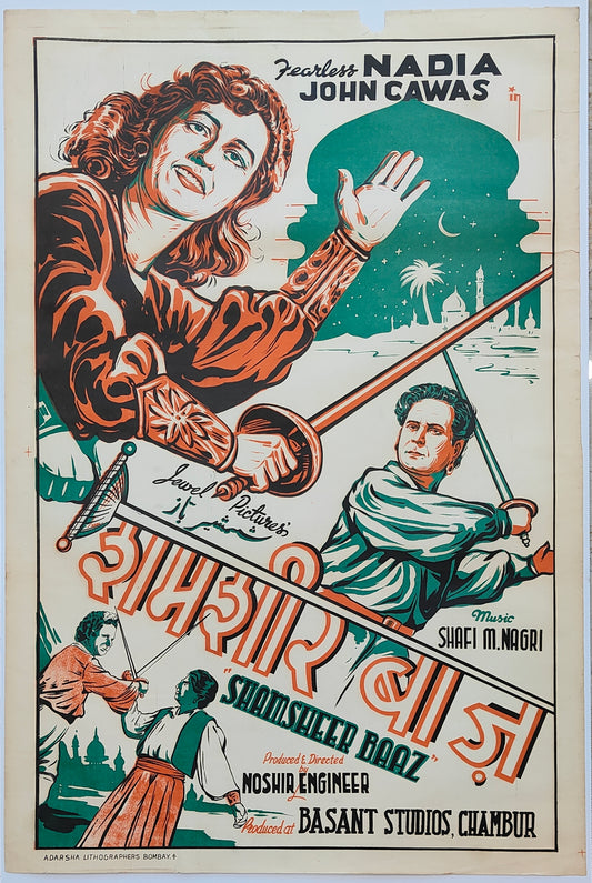 SHAMSHEER BAAZ : Bollywood original movie poster 1953 Feerless Nadia,John Cawas