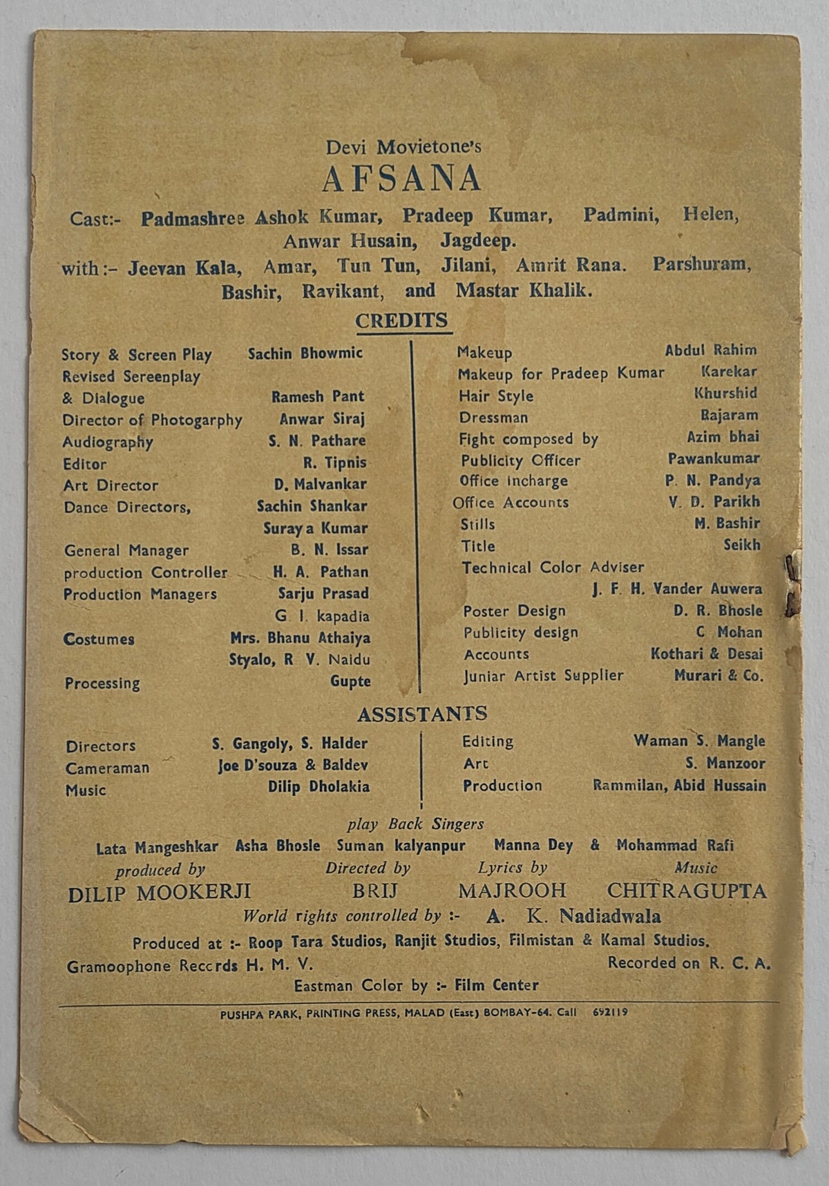 AFSANA 1966 Ashok Kumar Pradeep Kumar Padmini Helen Jagdeep Rare Original Bollywood Film Pressbook Booklet Brij Chitragupta