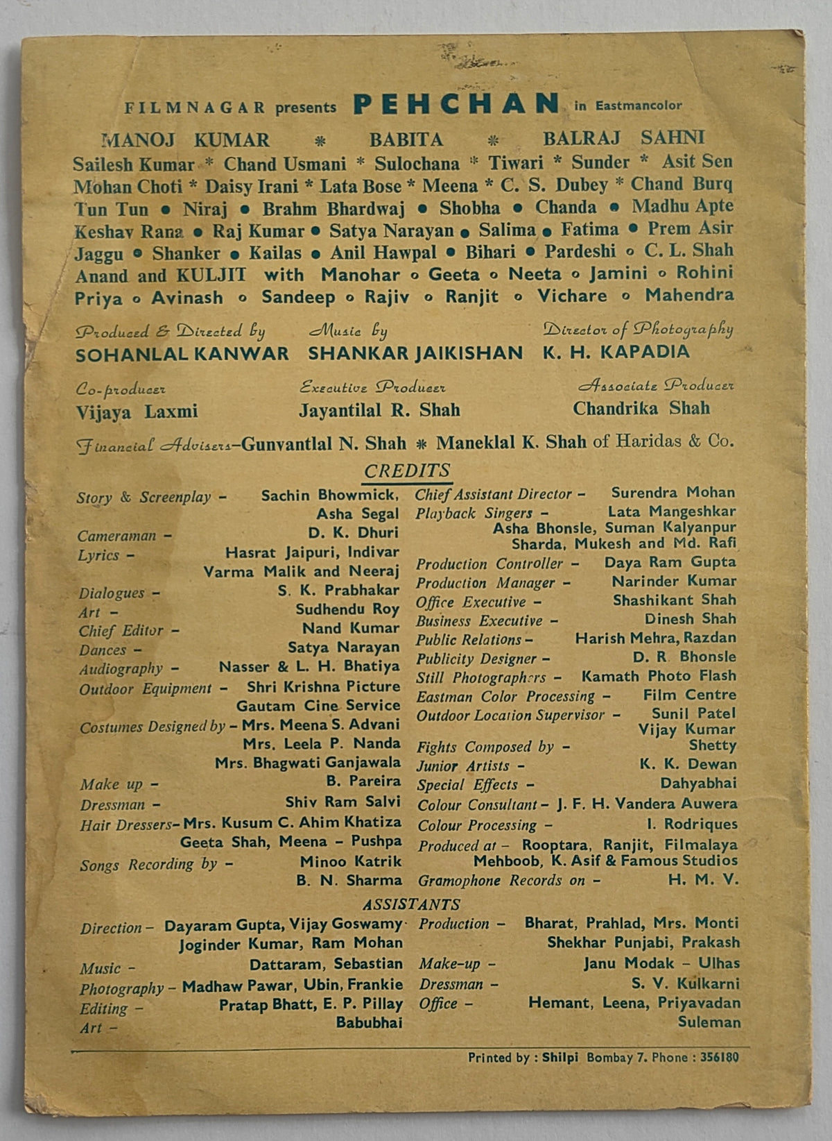 Pehchan 1970 Original Bollywood Pressbook Booklet Manoj Kumar Babita Balraj Sahni Sohanlal Kanwar Shankar Jaikishan Rare