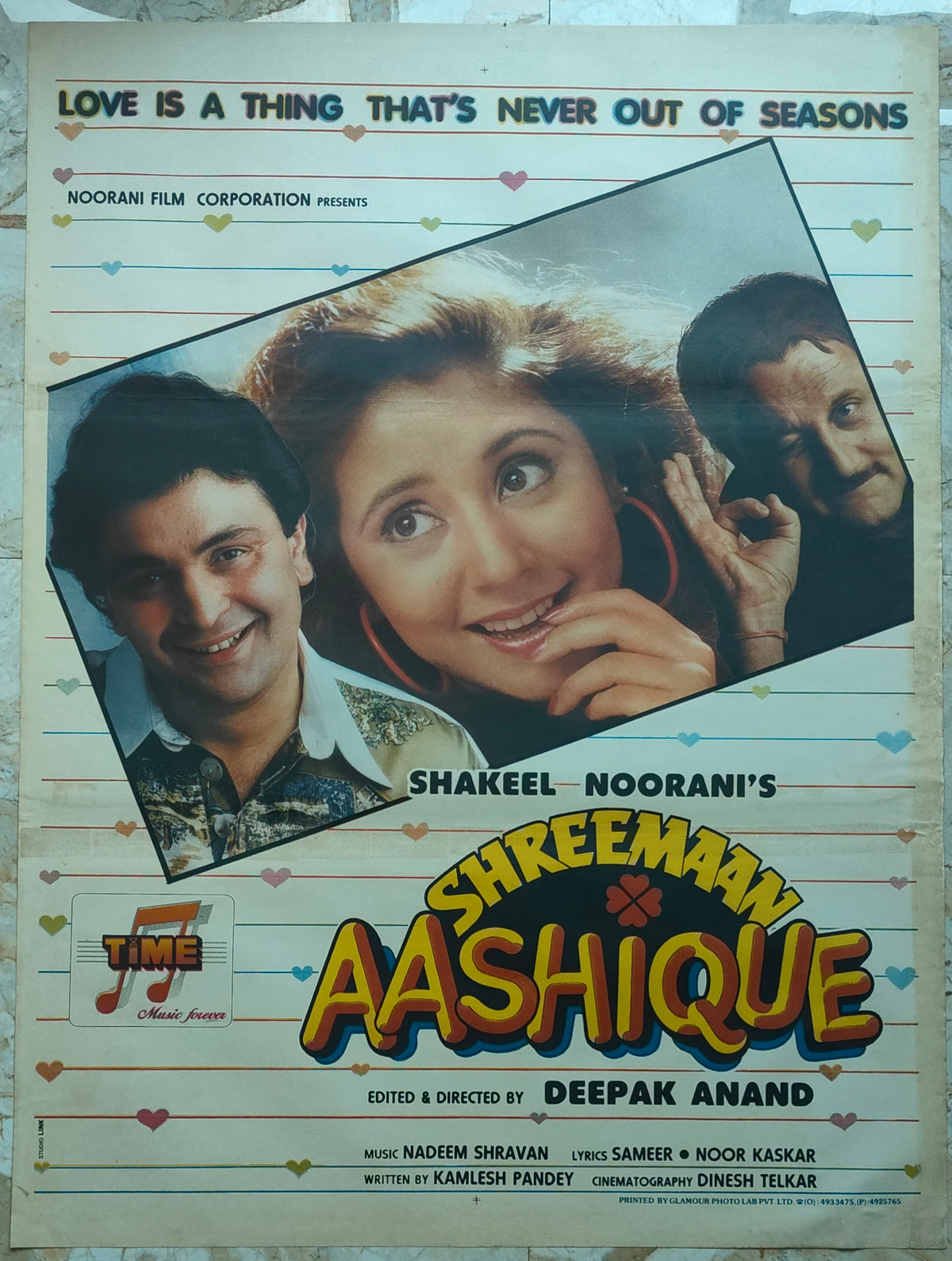 Original Shreemaan Aashique 1993 Bollywood Movie Poster Rishi Kapoor Urmila Matondkar Anupam Kher Hindi Film
