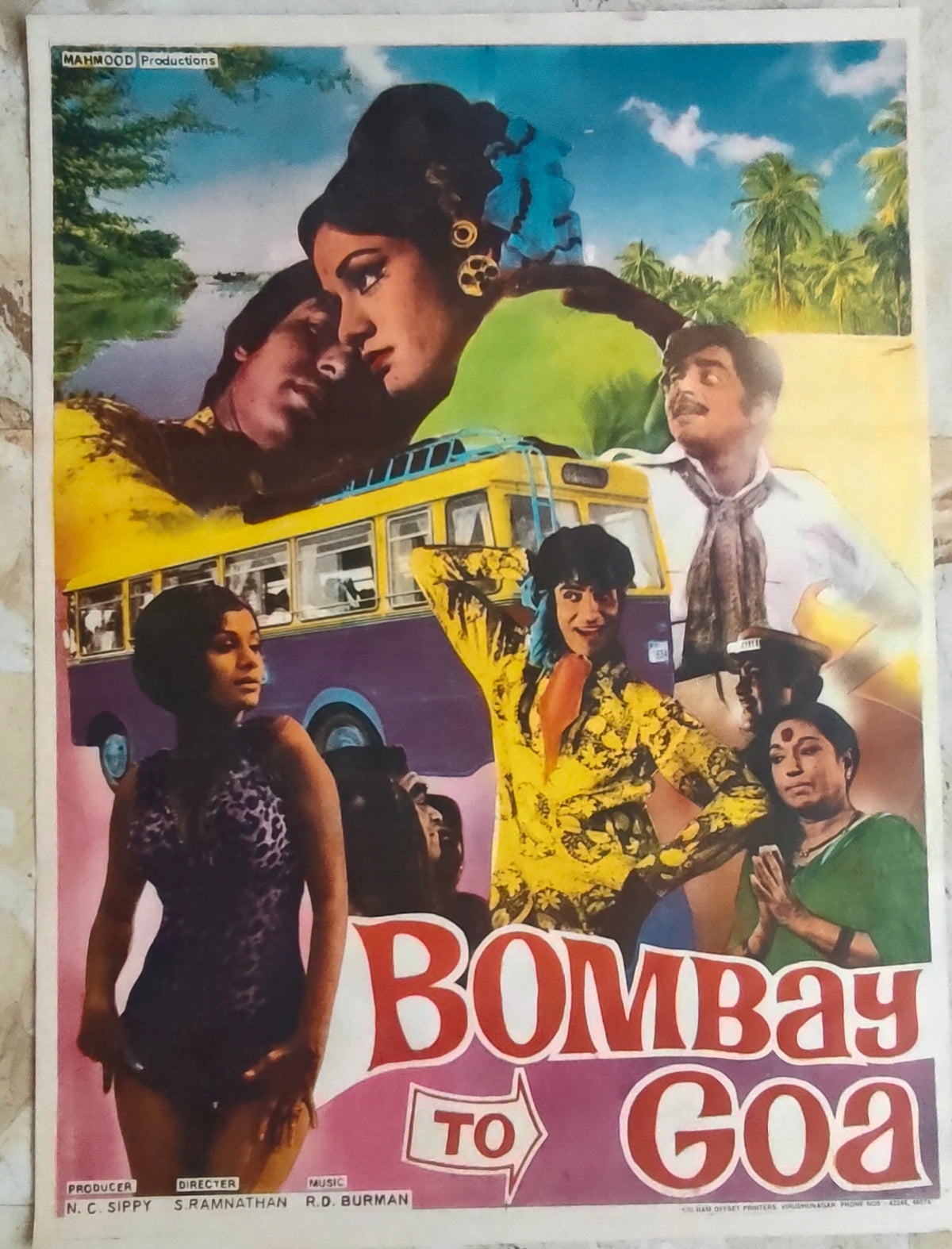 Original Bombay to Goa 1972 Bollywood Movie Poster Amitabh Bachchan Mehmood Aruna Irani R.D Burman Hindi Film