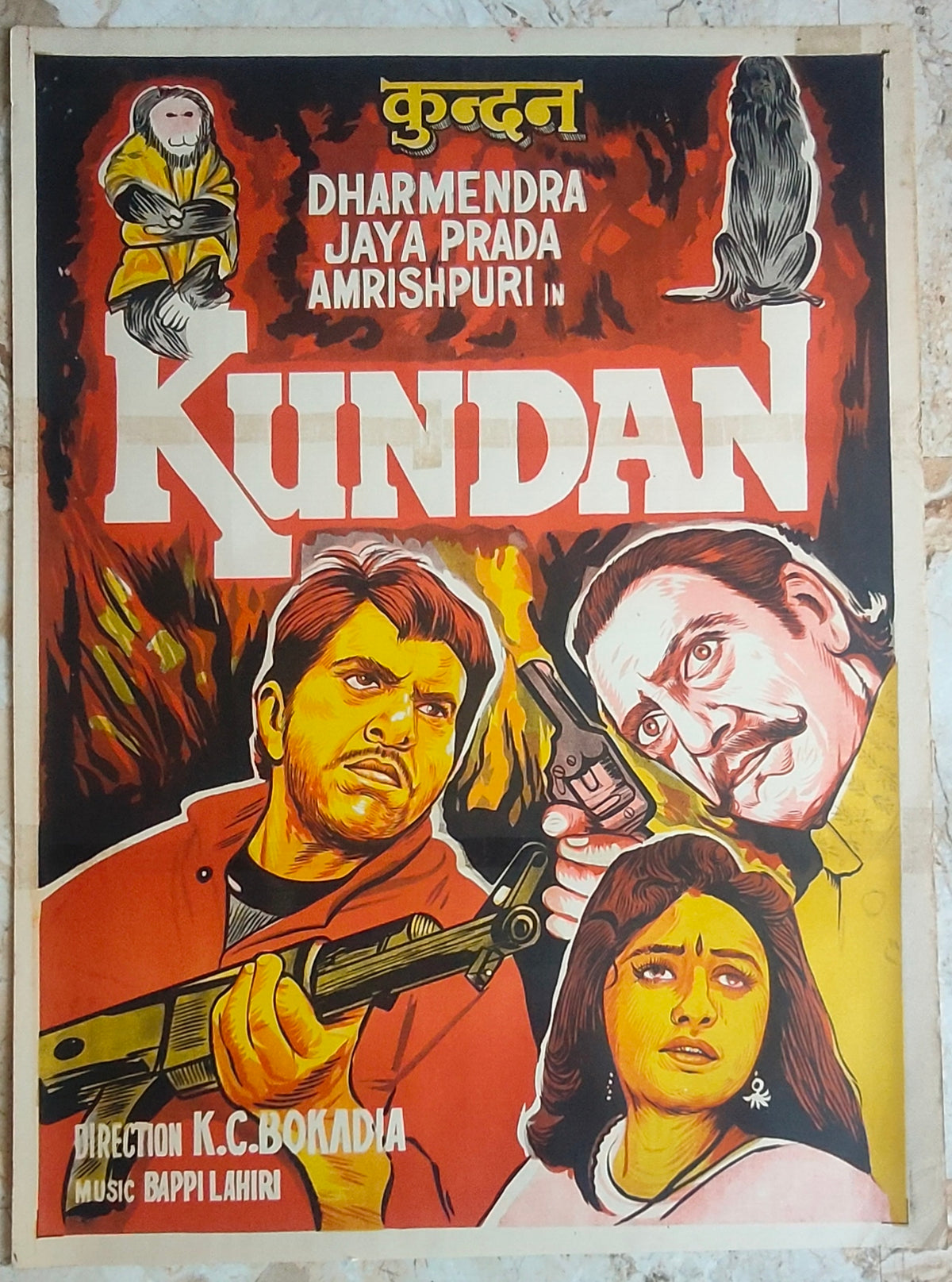 KUNDAN 1993 Original Bollywood Movie Poster Dharmendra Jaya Prada Amrish Puri Hand Painted Action Bappi Lahiri K.C. Bokadia Vintage