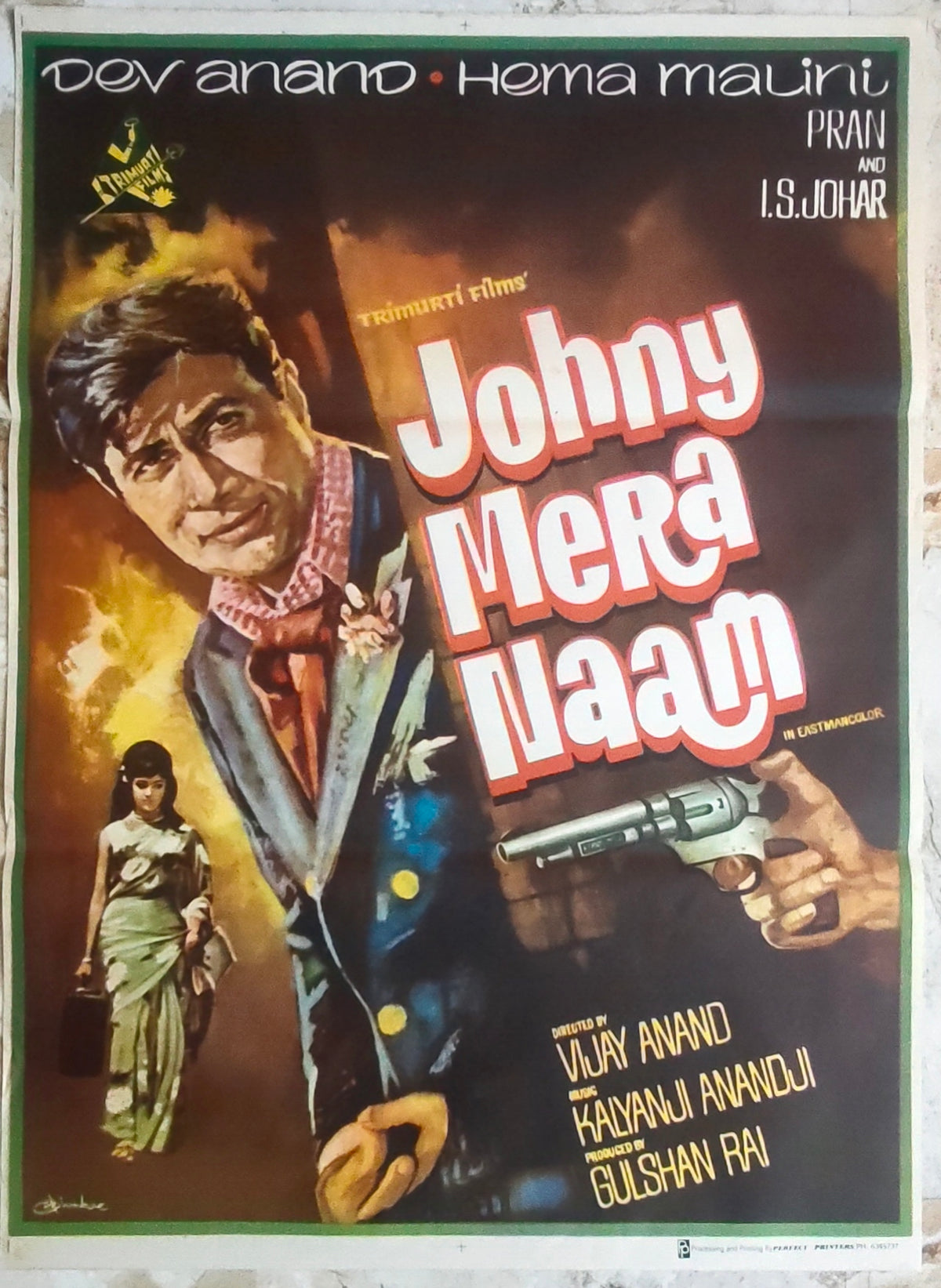 Original 1970 Johny Mera Naam Bollywood Movie Poster Dev Anand Hema Malini Pran Vijay Anand Trimurti Films Hindi
