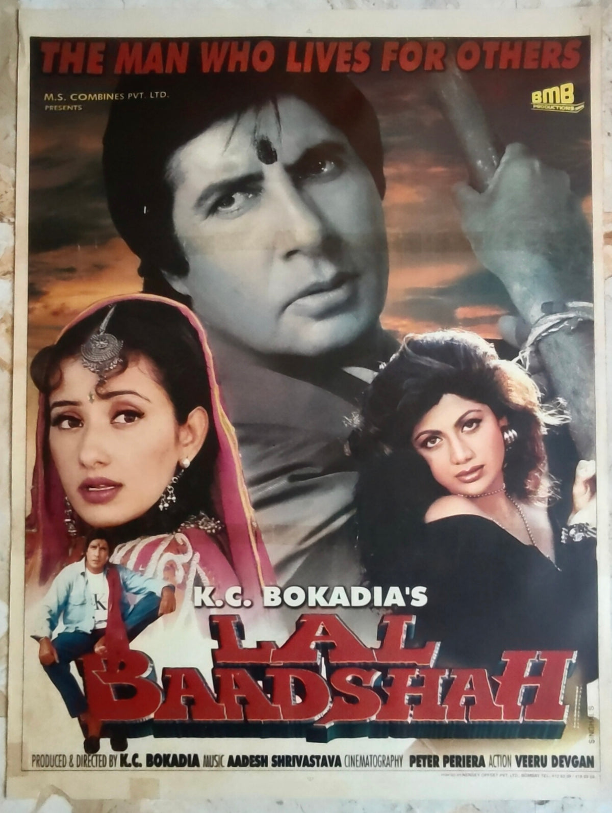 Original 1999 Lal Baadshah Bollywood Movie Poster Amitabh Bachchan Manisha Koirala Shilpa Shetty Hindi Film K.C. Bokadia