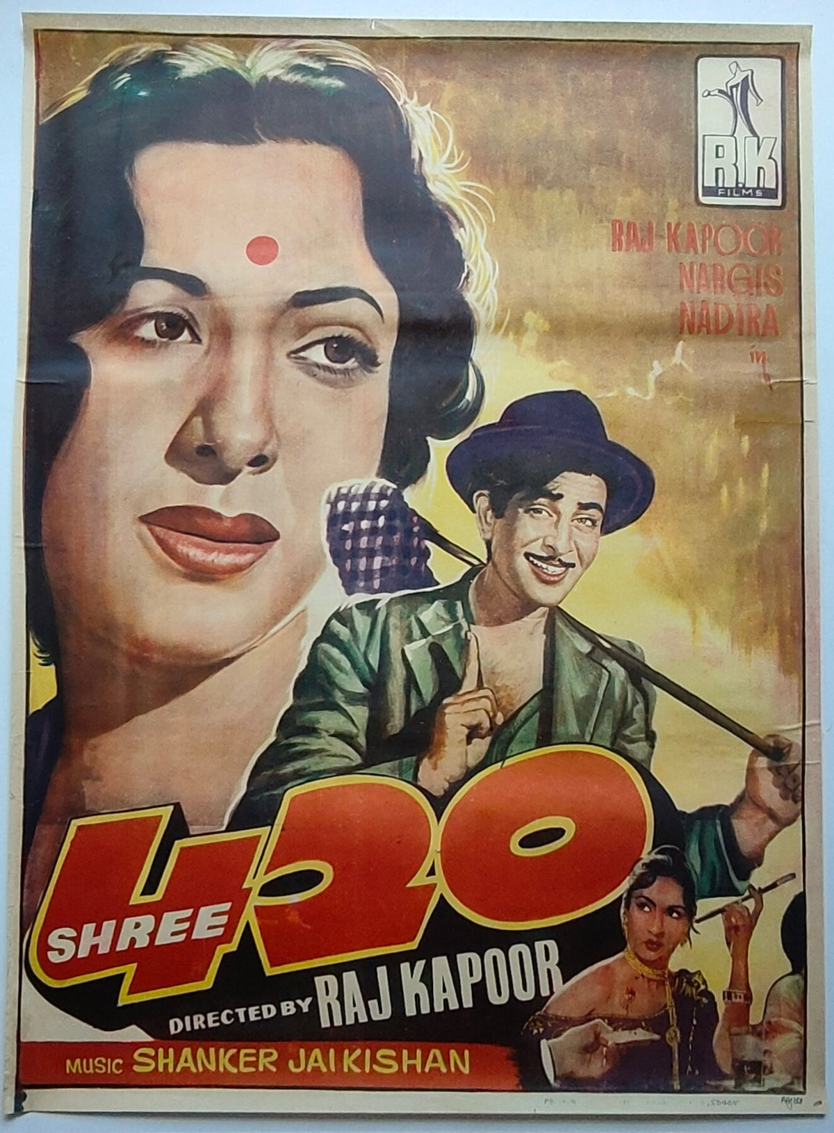 Original 1955 Shree 420 Bollywood Movie Poster Raj Kapoor Nargis Nadira R.K. Films Shanker Jaikishan Vintage Hindi Film