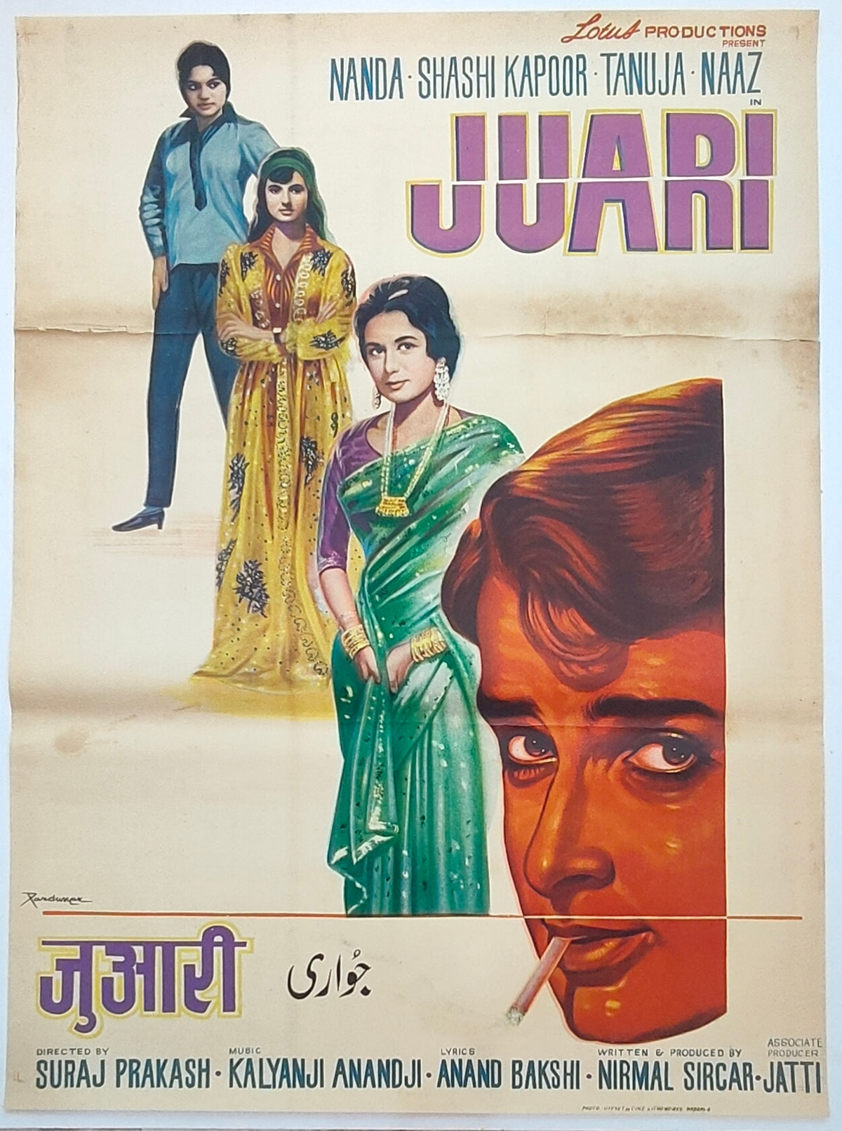 Original 1968 Juari Bollywood Movie Poster Shashi Kapoor Nanda Tanuja Naaz Hindi Film Litho Hand Painted Rare Vintage
